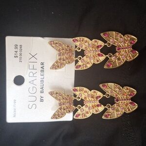 Sugarfix by BaubleBar Stacked Metallic Butterfly Earring gold with Pink crystals